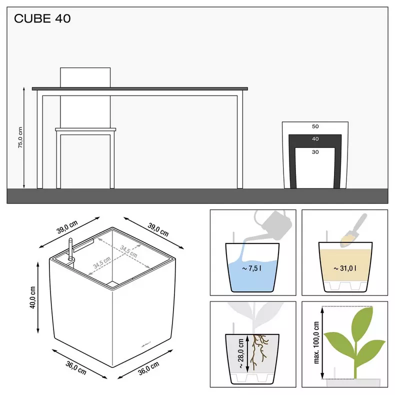 Lechuza CUBE Self Watering Planters (CUBE 40, White High-Gloss)